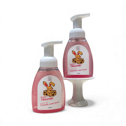 Two bottles of 'Bunny Tracks' foaming hand soap on a white background
