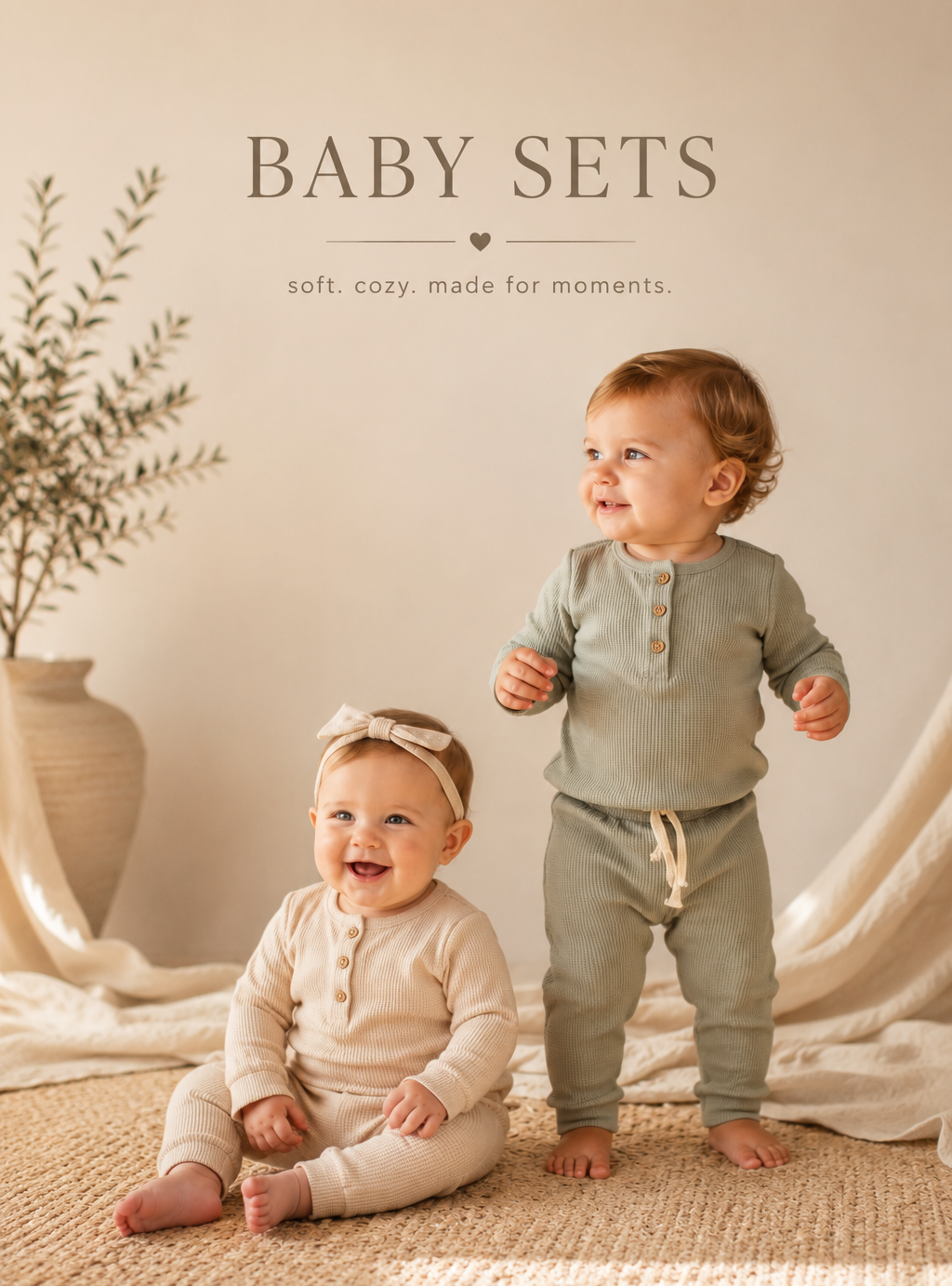 Two babies wearing matching outfits with text 'BABY SETS' above them.
