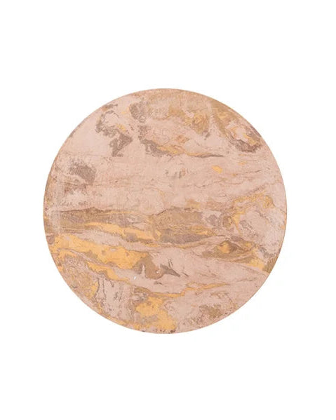 Round marble coaster with gold and beige patterns on a white background