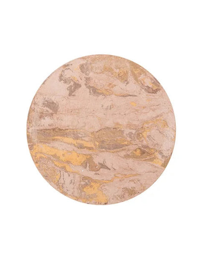 Round marble coaster with gold and beige patterns on a white background