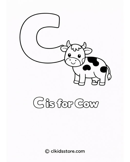 Letter 'C' with a cow illustration and text 'C is for Cow' on a white background.