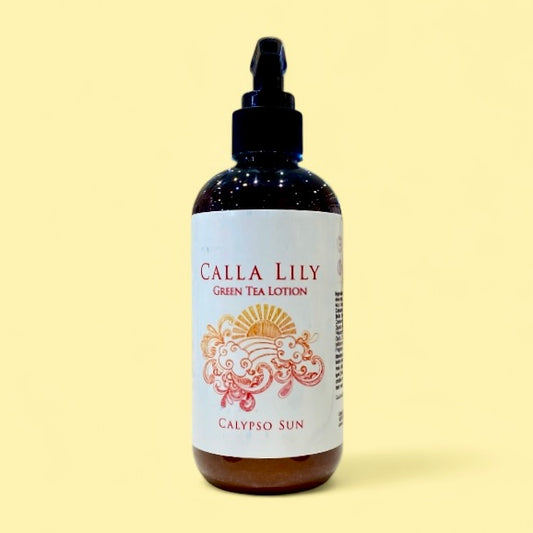 Bottle of Calla Lily Green Tea Lotion with a decorative label on a beige background