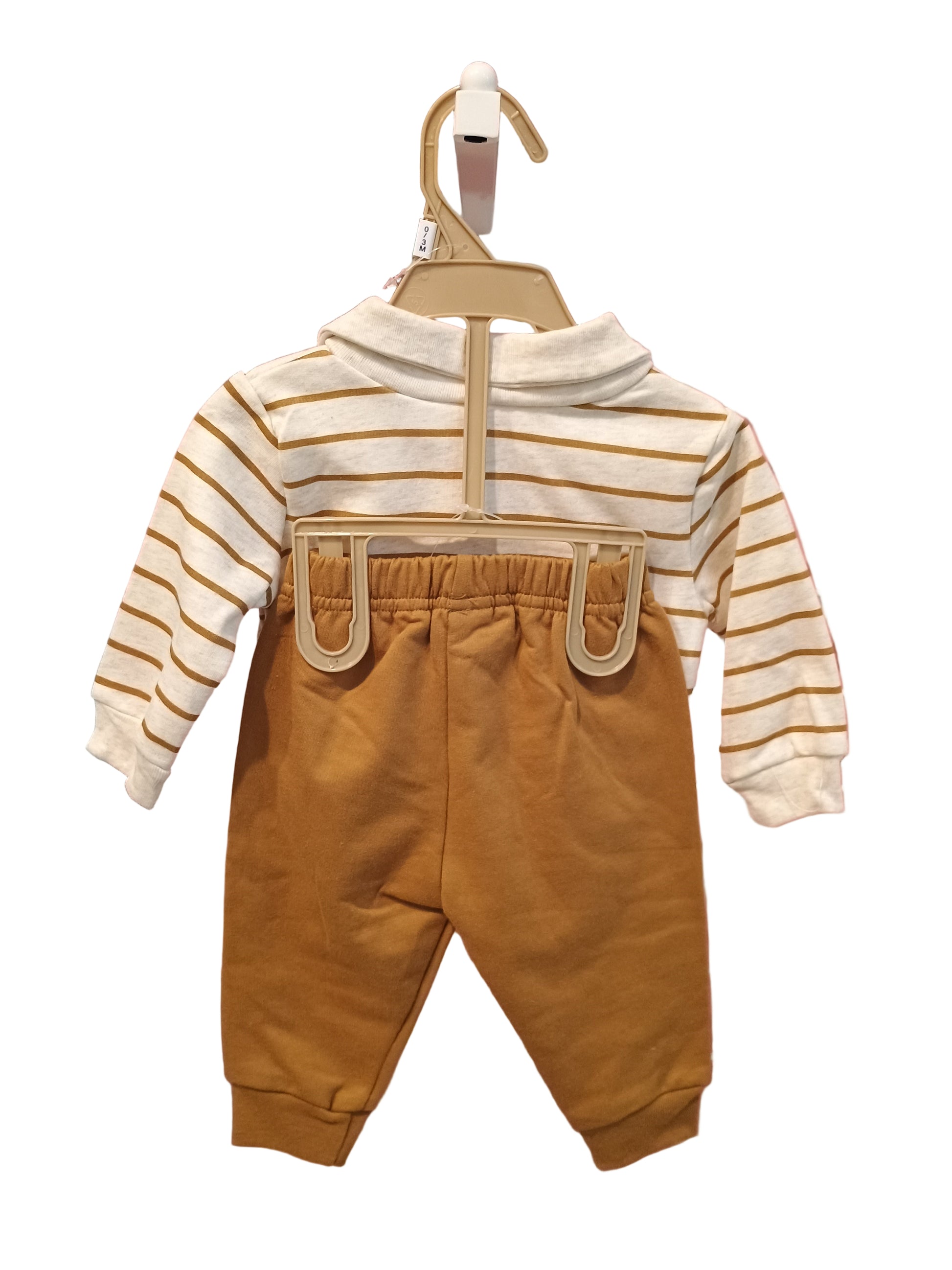 Children's outfit with striped shirt and brown pants on a white background