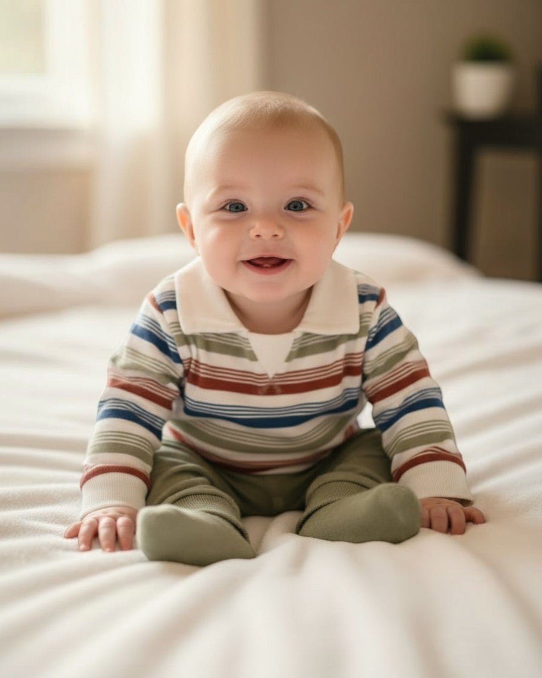 Children's outfit with striped shirt and green pants on a white surface