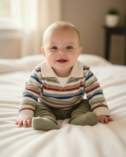 Children's outfit with striped shirt and green pants on a white surface