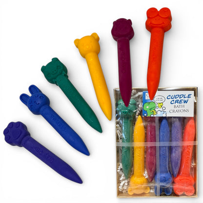 Set of colorful bath crayons with animal-shaped ends and packaging on a white background Chubby Animal Bath Crayon Set