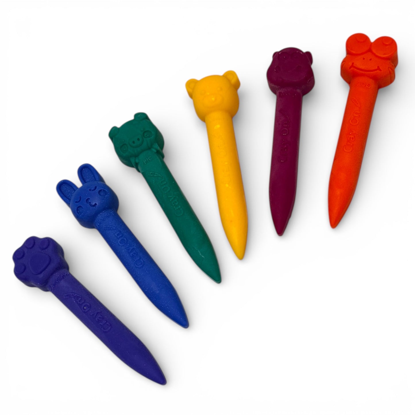 Set of colorful plastic golf tees with animal designs on a white background Chubby Animal Bath Crayon Set