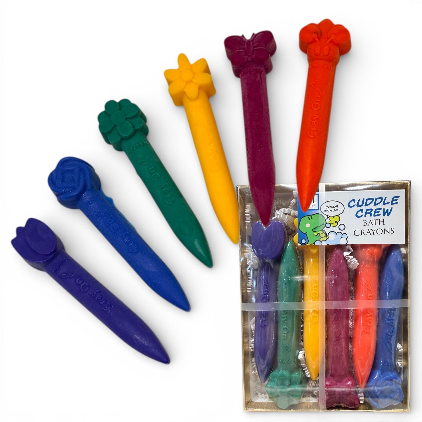 Set of colorful bath crayons with packaging on a white background
Chubby Flower Bath Crayon Set