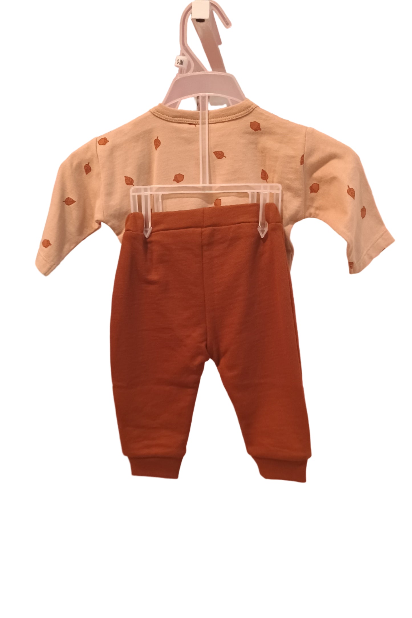 Baby set with brown pants and tan shirt with acorns on it on a white background.