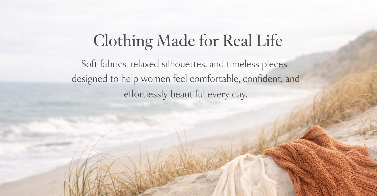 Clothing on a beach with text about comfort and style.