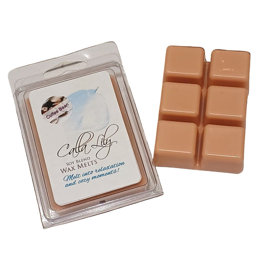 Candle melts packaging with coffee beans on a wooden surface