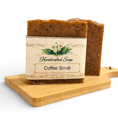 Handcrafted Coffee Scrub soap on a wooden tray with a white background