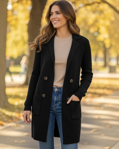 Woman wearing a black coat, beige sweater, and blue jeans standing in an outdoor setting with trees and blurred people in the background.