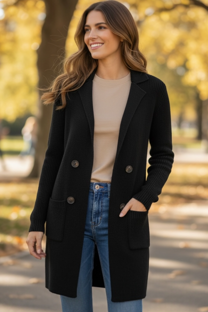 Woman wearing a black coat, beige sweater, and blue jeans standing in an outdoor setting with trees and blurred people in the background.