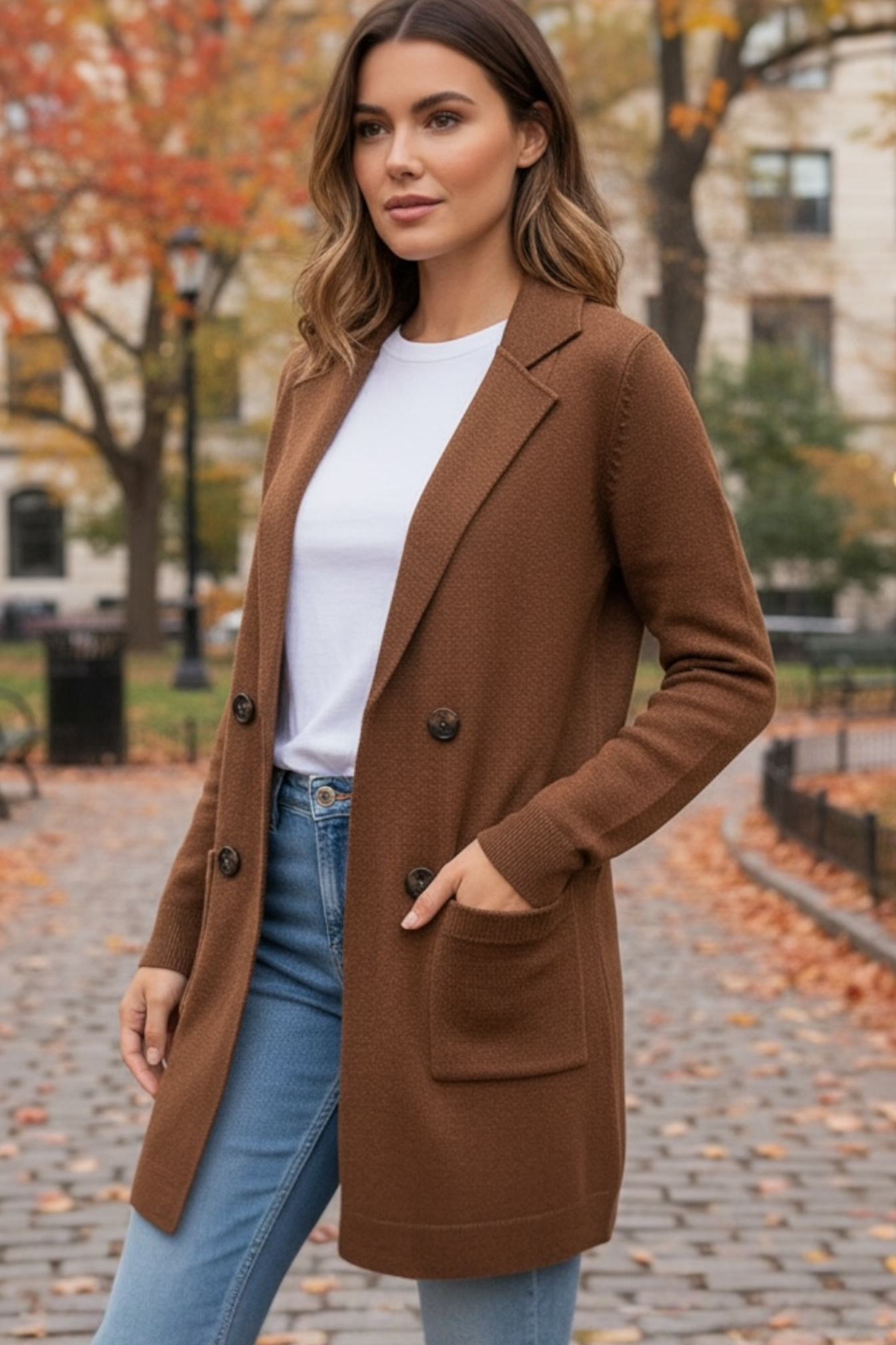 Woman wearing a brown coat in an autumn setting with trees and fallen leaves.