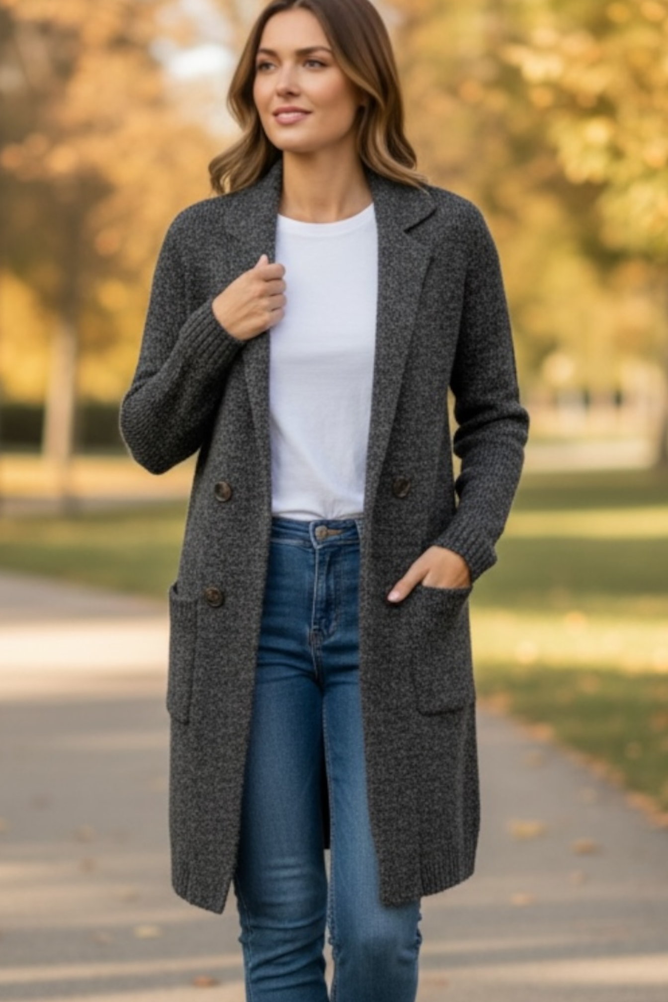 Woman wearing a gray coat, white shirt, and blue jeans outdoors.