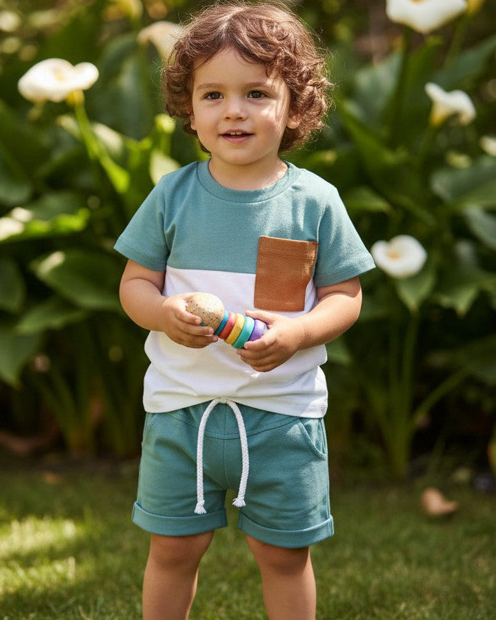 Calla Lily Cosmetics + CL kids blue and white colorblock t-shirt with brown pocket and matching shorts. Cotton-polyester blend.
