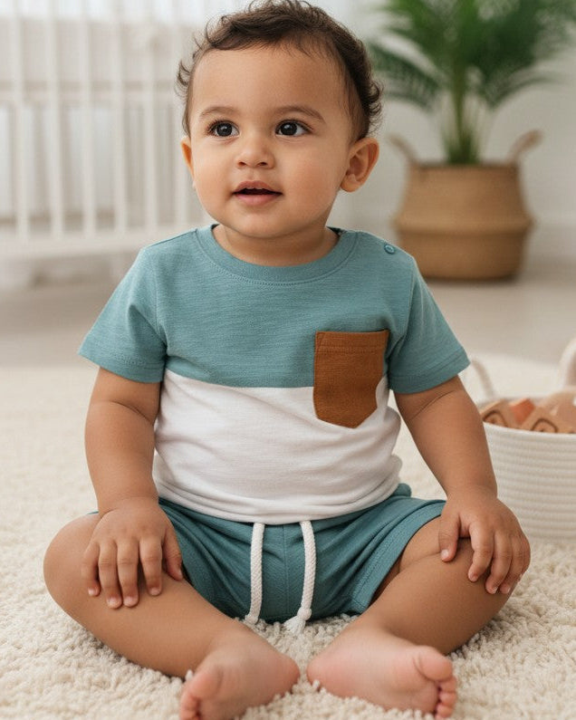 Calla Lily Cosmetics + CL kids blue and white colorblock tee with brown pocket, paired with matching shorts. Cotton-polyester blend.