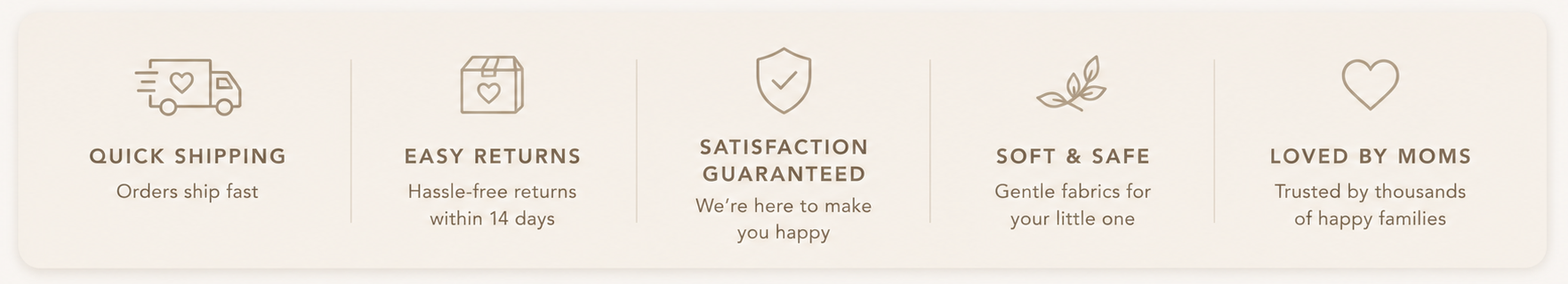 Set of icons and text describing product features on a light beige background