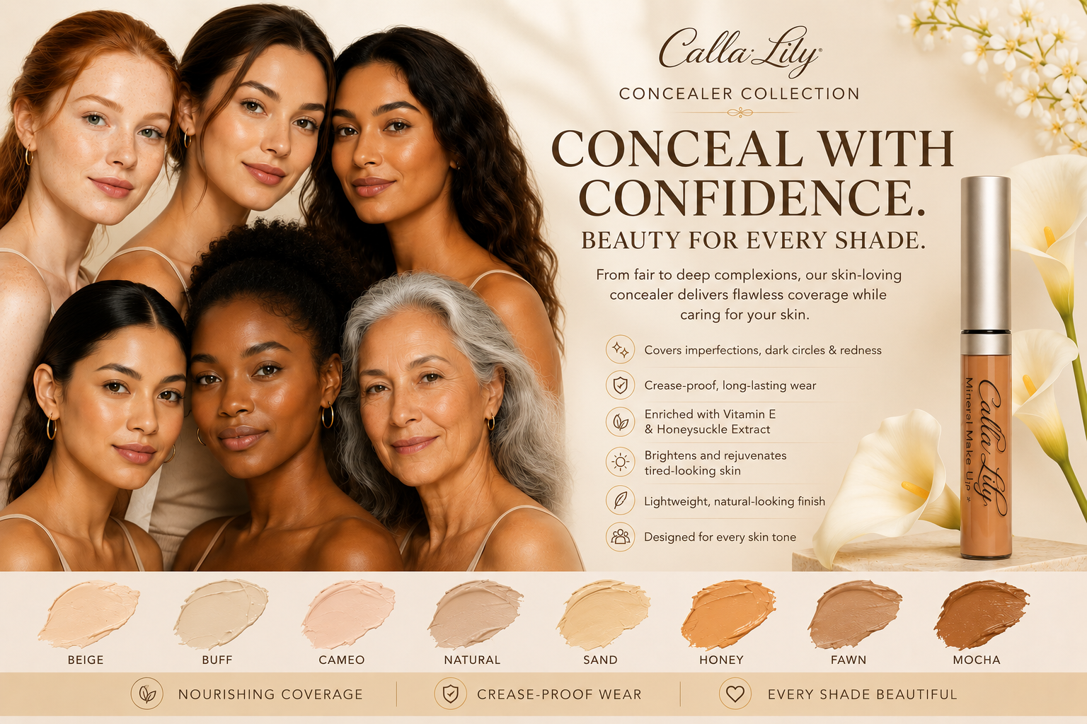 Calla Lily concealer collection advertisement with models and product packaging.
