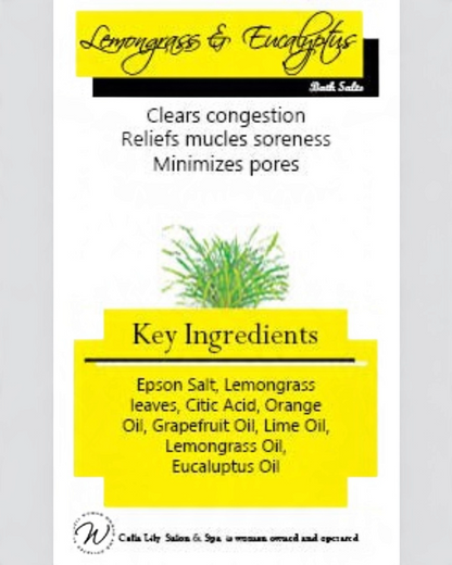 Calla Lily Cosmetics + CL kids Lemongrass and Eucalyptus bath salts product label with key ingredients list