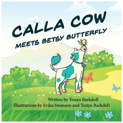Book cover of 'Calla Cow Meets Betsy Butterfly' with a cow and butterfly in a green landscape.
