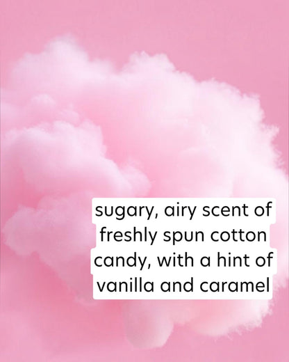 Pink cotton candy with text describing its scent on a pink background