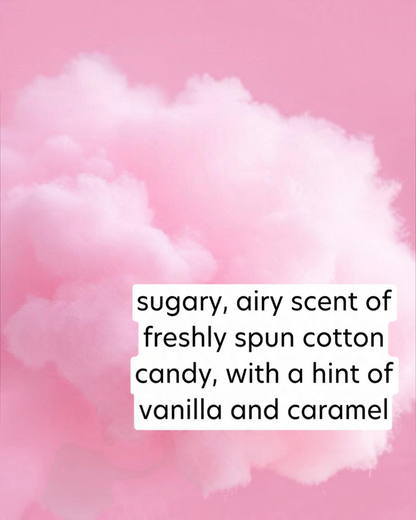 Pink cotton candy with text describing its scent on a pink background