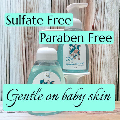 Two bottles of CL Kids hand soap with text highlighting sulfate-free, paraben-free, and gentle on baby skin properties.