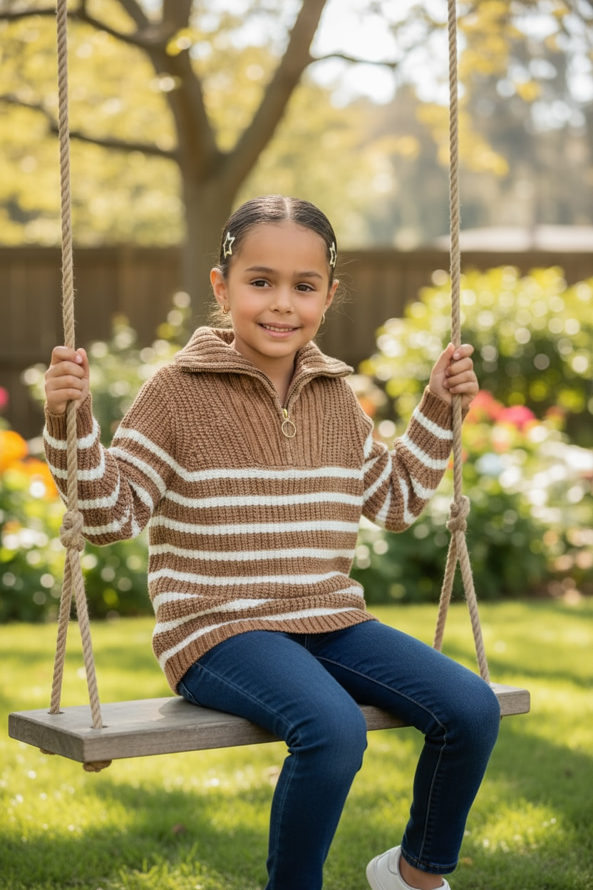 Young girl in a striped sweater on a swing in a garden