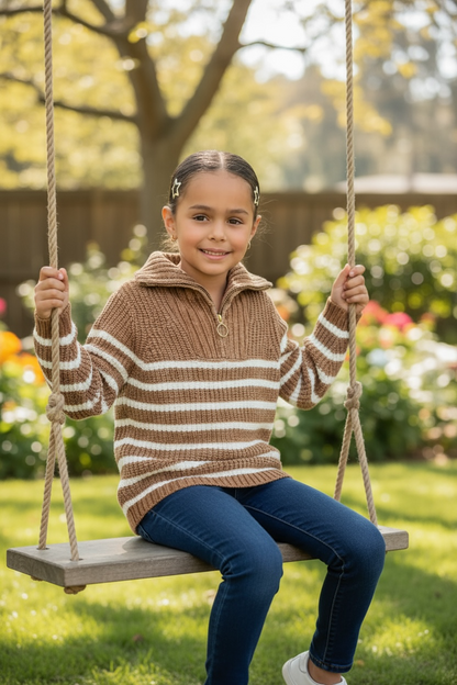 Young girl in a striped sweater on a swing in a garden