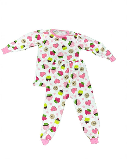 Children's onesie with colorful pattern on a white background