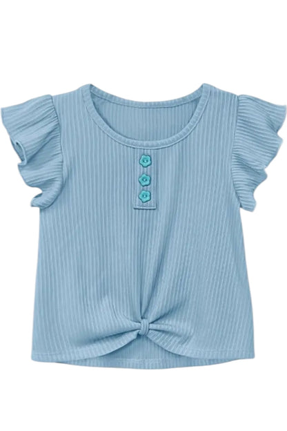 Light blue ribbed top with ruffled sleeves and button details on a white background