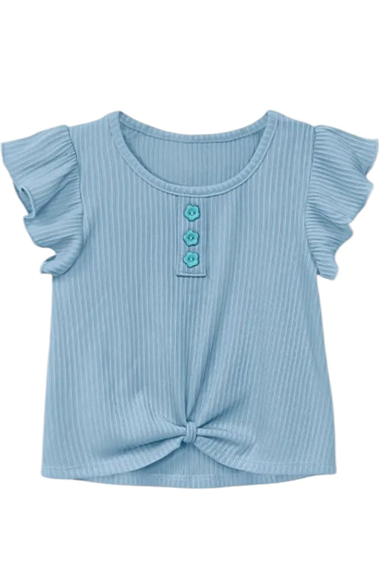 Light blue ribbed top with ruffled sleeves and button details on a white background