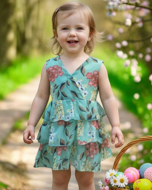 Little Girls Teal Floral Ruffle Dress - Calla Lily Cosmetics + CL kids