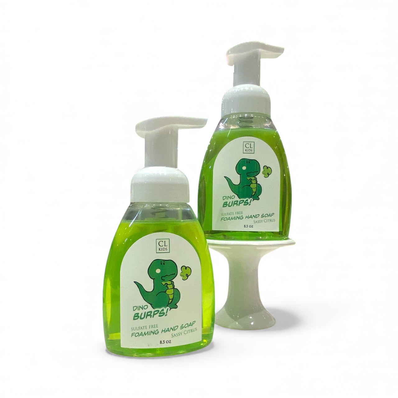 Two bottles of CL Kids Dino Burps foaming hand soap on a white background