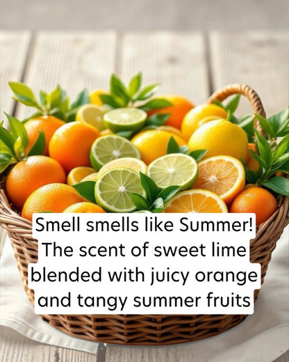 Basket of oranges, lemons, and limes with text overlay on a wooden surface