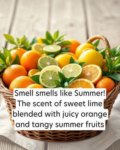 Basket of oranges, lemons, and limes with text overlay on a wooden surface
