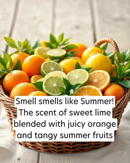 Basket of oranges, lemons, and limes with text overlay on a wooden surface