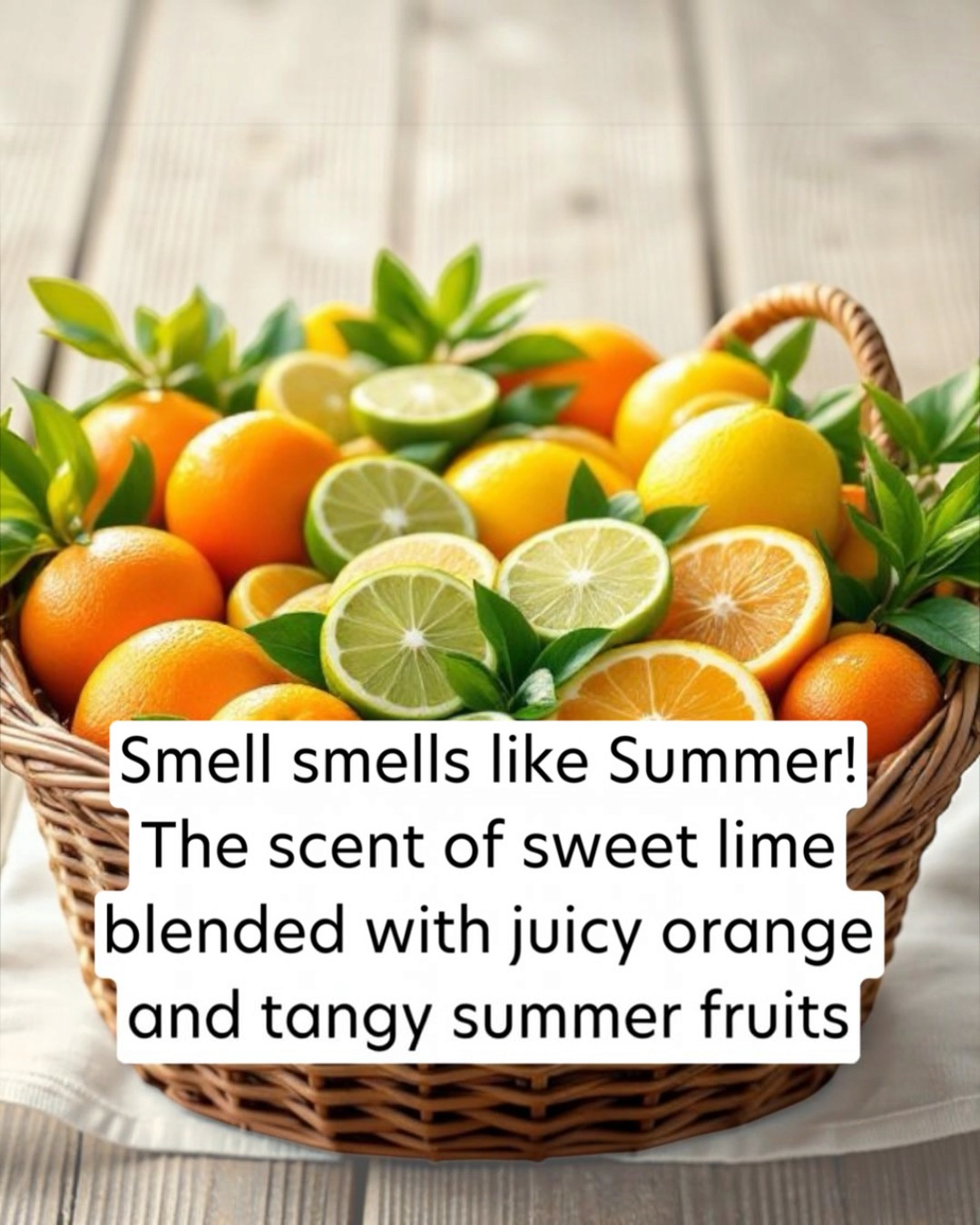 Basket of oranges, lemons, and limes with text overlay on a wooden surface