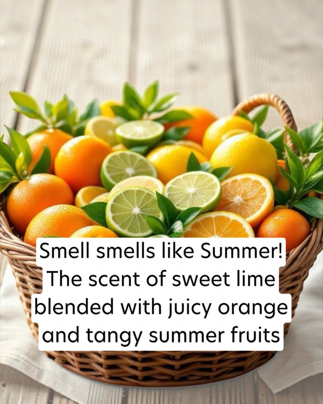Basket of oranges, lemons, and limes with text overlay on a wooden surface
