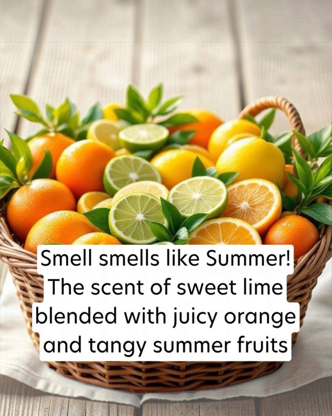 Basket of oranges, lemons, and limes with text overlay on a wooden surface