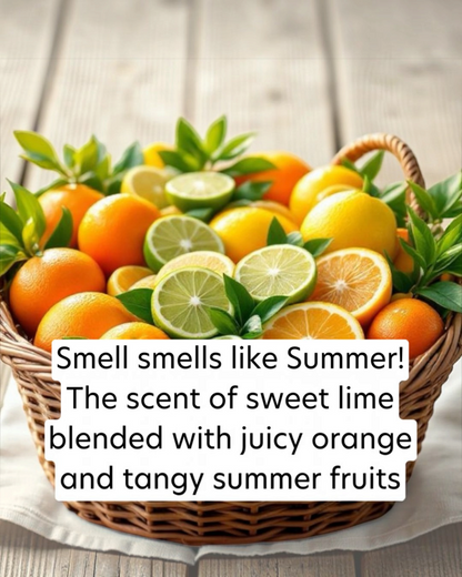 Basket of oranges, lemons, and limes with text overlay on a wooden surface