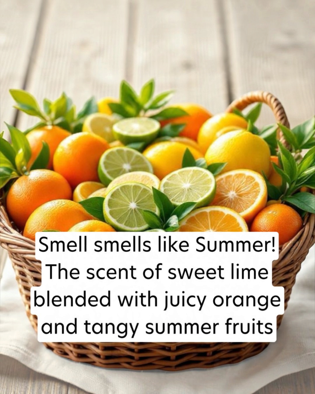 Basket of oranges, lemons, and limes with text overlay on a wooden surface