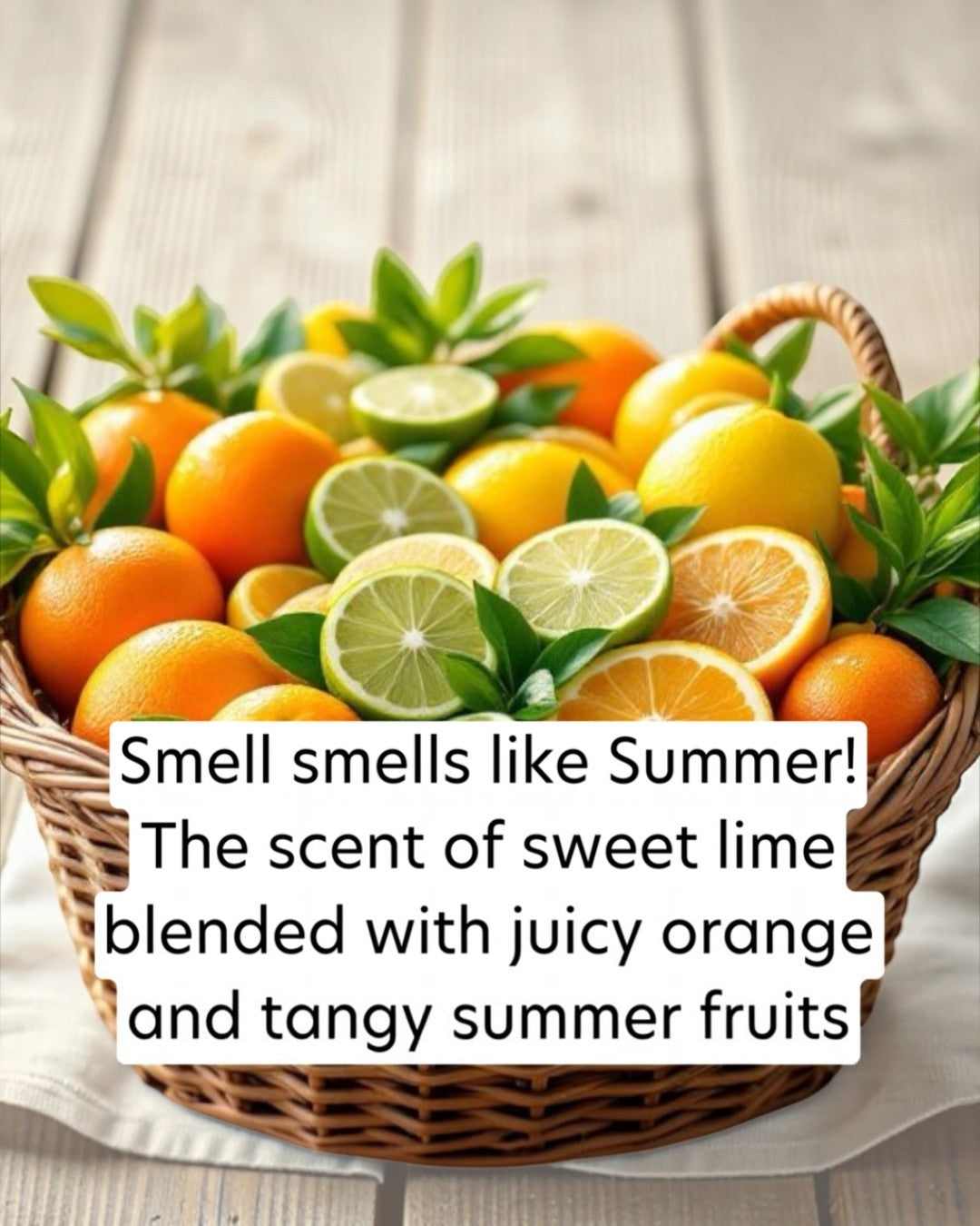 Basket of oranges, lemons, and limes with text overlay on a wooden surface