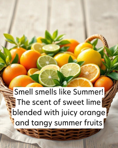 Basket of oranges, lemons, and limes with text overlay on a wooden surface