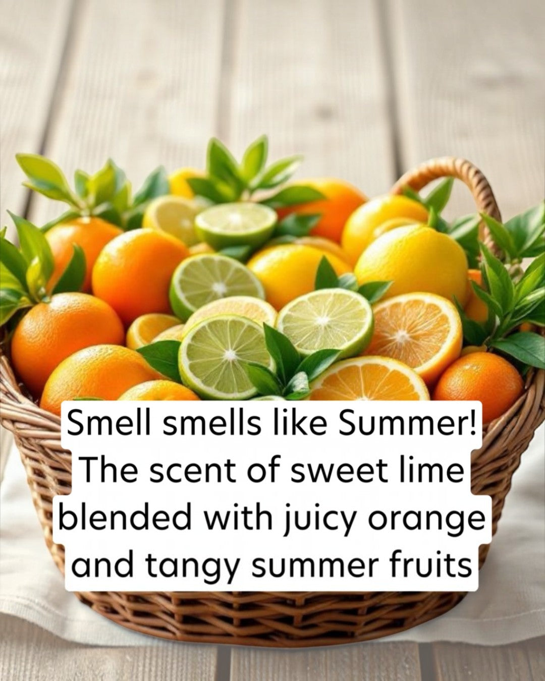 Basket of oranges, lemons, and limes with text overlay on a wooden surface