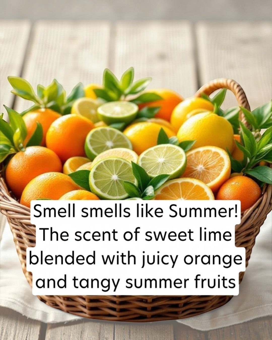 Basket of oranges, lemons, and limes with text overlay on a wooden surface