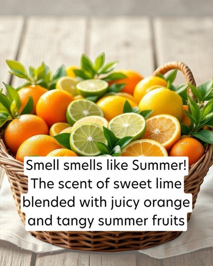 Basket of oranges, lemons, and limes with text overlay on a wooden surface