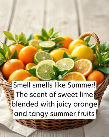 Basket of oranges, lemons, and limes with text overlay on a wooden surface